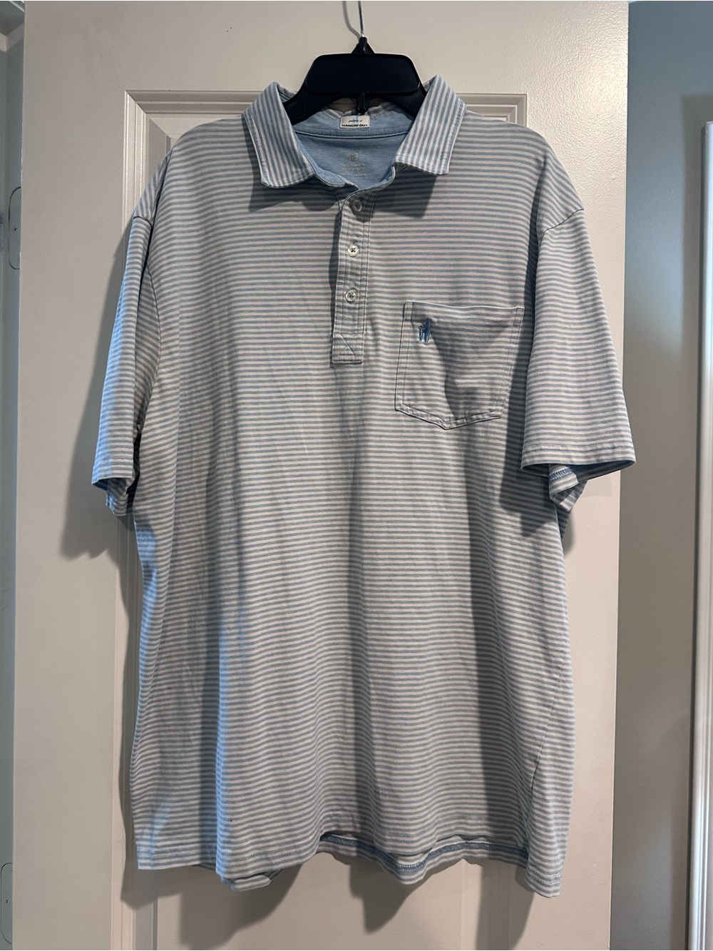 johnnie-O Light Blue and White Thin Striped Polo with Pocket